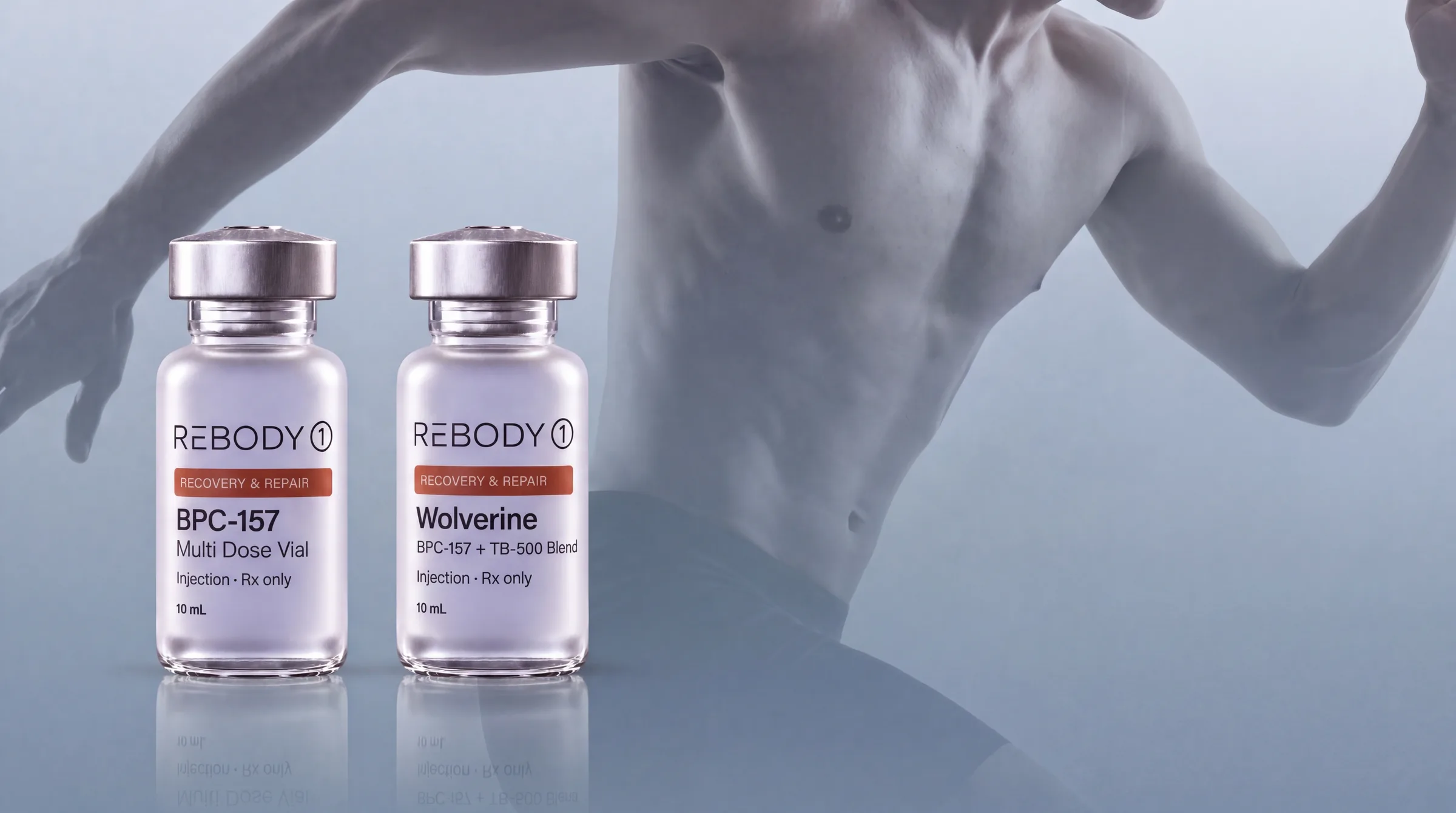 BPC-157 and Wolverine vials in front of a runner